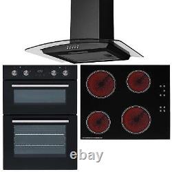 SIA 60cm Black Built In Double Fan Oven, 4 Zone Touch Ceramic Hob & Curved Hood
